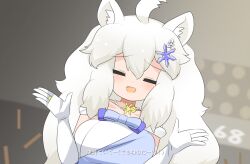 Rule 34 | 1girl, ahoge, animal ear fluff, animal ears, blue bow, blue bowtie, blurry, blurry background, blush, bow, bowtie, breasts, closed eyes, commentary request, dress, elbow gloves, gloves, grey background, hair ornament, jewelry, kemono friends, large breasts, lets0020, lion ears, lion girl, long hair, medium bangs, necklace, numbered, off-shoulder dress, off shoulder, open mouth, pearl necklace, smile, snowflake hair ornament, solo, upper body, white dress, white gloves, white hair, white lion (kemono friends)