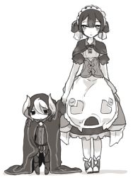 Rule 34 | 1boy, 1girl, aged down, aged up, apron, blunt bangs, blush, bustier, cape, capelet, detached sleeves, dress, greyscale, hair between eyes, height difference, jacket, jitome, legs together, looking at viewer, made in abyss, maid, maid apron, maid headdress, maruruk, monochrome, multicolored hair, negi (kyouki-beya), ozen, pouch, puffy short sleeves, puffy sleeves, shoes, short hair, short sleeves, simple background, smile, standing, trap, two-tone hair, whistle, white background