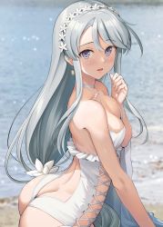 Rule 34 | 1girl, ass, bare arms, bare shoulders, beach, blurry, blurry background, blush, breasts, butt crack, cleavage, collarbone, flower, grey hair, hair between eyes, hair flower, hair ornament, highres, ichikawa feesu, kantai collection, long hair, looking at viewer, medium breasts, medium hair, ocean, official alternate costume, one-piece swimsuit, open mouth, purple eyes, sagiri (kancolle), solo, swimsuit, upper body, white flower, white one-piece swimsuit