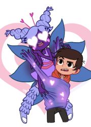 Rule 34 | 1boy, 1girl, alternate form, antennae, brown eyes, brown hair, colored skin, dress, extra arms, facial mark, guuuunya (kay072527), heart, highres, image sample, marco diaz, mole, multiple wings, purple hair, purple skin, silk, star butterfly, star butterfly (mewberty), star vs the forces of evil, twintails, wings