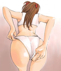 Rule 34 | 1girl, adjusting clothes, adjusting panties, artist request, ass, ass focus, back, bare legs, bent over, bra, brown hair, curvy, from behind, from below, huge ass, interface headset, long hair, neon genesis evangelion, panties, red hair, shiny skin, skindentation, solo, souryuu asuka langley, sports bra, underwear, underwear only, white panties