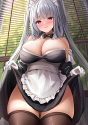 Rule 34 | 1girl, apron, azur lane, bare shoulders, black dress, bow, breasts, cleavage, dress, gloves, gluteal fold, highres, horns, large breasts, long hair, long sleeves, looking at viewer, maid, maid headdress, manda (manda9n), official alternate costume, red eyes, shimanto (azur lane), shimanto (the comfy dragon god) (azur lane), skirt, smile, solo, thighhighs, very long hair, white apron, white gloves, white hair, white skirt