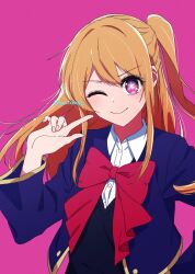 Rule 34 | 1girl, ;), black vest, blonde hair, blue jacket, bow, bowtie, closed mouth, collared shirt, commentary, dress shirt, film grain, hair between eyes, highres, hoshino ruby, jacket, long hair, long sleeves, looking at viewer, mandei (nao 1234567), one eye closed, one side up, open clothes, open jacket, oshi no ko, pink background, pink bow, pink bowtie, pink eyes, pointing, pointing at self, school uniform, shirt, sidelocks, simple background, smile, solo, star-shaped pupils, star (symbol), symbol-shaped pupils, twitter username, upper body, vest, white shirt, youtou high school uniform