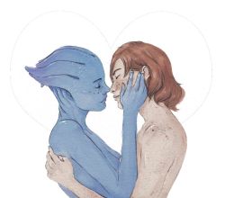 Rule 34 | 2girls, alien, arm up, asari (mass effect), asymmetrical docking, bald, blue skin, bluescreen queen, blush, breast press, breasts, closed eyes, colored skin, commander shepard, commander shepard (female), couple, face-to-face, facing another, freckles, from side, hand on another&#039;s cheek, hand on another&#039;s face, hand up, happy, heart, heart background, holding, holding person, hug, incipient kiss, interspecies, liara t&#039;soni, mass effect (series), mass effect 1, multiple girls, noses touching, nude, red hair, short hair, small breasts, smile, transparent background, upper body, white background, yuri