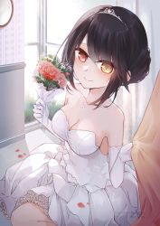 Rule 34 | 1girl, bare shoulders, black hair, bouquet, breasts, cleavage, curtain grab, curtains, date a live, dress, flower, flowers in hand, gloves, heterochromia, highres, jewelry, long glove, looking at viewer, medium breasts, necklace, on floor, petals, red eyes, rose petals, silver crown, smile, solo, strapless, strapless dress, tokisaki kurumi, wedding dress, white gloves, window, yellow eyes