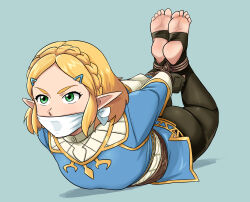 Rule 34 | 1girl, ass, bdsm, blonde hair, bondage, bound, cloth gag, feet, fingerless gloves, gag, gagged, gloves, green eyes, highres, hogtie, improvised gag, blue background, lost one zero, nintendo, over the mouth gag, pointy ears, princess zelda, restrained, rope, short hair, simple background, soles, solo, stirrup legwear, the legend of zelda, the legend of zelda: tears of the kingdom, toeless legwear, toes