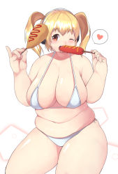Rule 34 | 1girl, akitaka (mcdonnell-douglas), bad id, bad pixiv id, bikini, blonde hair, blush, breasts, cleavage, corn dog, eating, food, headphones, highres, huge breasts, looking at viewer, navel, nitroplus, one eye closed, open mouth, orange eyes, plump, short hair, smile, solo, super pochaco, swimsuit, thick arms, twintails, white bikini