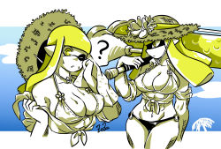 Rule 34 | 1girl, ;o, ?, abs, artist name, bikini, blonde hair, blunt bangs, blunt ends, breasts, cleavage, closed mouth, clothes pull, commentary, cropped torso, dynamo roller (splatoon), flower, frightening (zoza), front-tie top, frown, halterneck, hat, hat on back, hat flower, holding, holding towel, holding weapon, large breasts, long hair, looking to the side, mismatched bikini, multiple views, muscular, muscular female, nintendo, o-ring, o-ring bikini, one eye closed, open mouth, original, partially colored, pointy ears, pulling own clothes, ringed eyes, shirt pull, short sleeves, signature, splatoon (series), straw hat, sun hat, swimsuit, symbol-only commentary, tentacle hair, thigh gap, towel, weapon, wiping sweat, yellow eyes, zoza