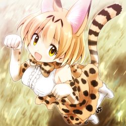 Rule 34 | 10s, 1girl, animal ears, bare shoulders, blonde hair, bow, bowtie, breasts, cat ears, cat tail, commentary request, kemono friends, looking at viewer, open mouth, paw pose, serval (kemono friends), serval print, serval tail, short hair, skirt, sleeveless, smile, solo, tail, watarui, yellow eyes
