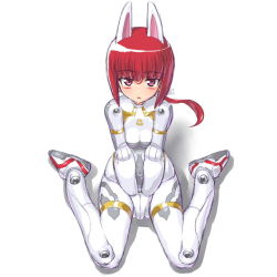 Rule 34 | 10s, 1girl, :&lt;, animal ears, bad id, bad pixiv id, between legs, bodysuit, breasts, breasts squeezed together, busou shinki, dd (ijigendd), doll joints, facial mark, from above, joints, long hair, looking at viewer, looking up, medium breasts, mizuki (busou shinki), perspective, rabbit ears, red eyes, red hair, simple background, sitting, solo, v arms, wariza, white background