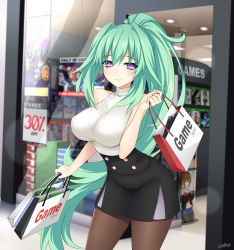 Rule 34 | 1girl, absurdres, alexstardust31, alternate costume, black skirt, blush, breasts, brown pantyhose, casual, choujigen game neptune, closed mouth, covered collarbone, day, green hair, green heart (neptunia), highres, large breasts, long hair, looking at viewer, mega man (series), x (mega man), mega man x (series), neptune (series), outdoors, pantyhose, ponytail, purple eyes, skirt, sleeveless, sleeveless sweater, sleeveless turtleneck, smile, solo, sweater, turtleneck, turtleneck sweater, vert (neptunia), very long hair, white sweater, zero (mega man)