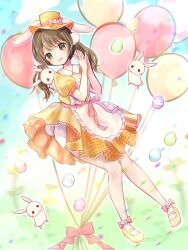 Rule 34 | 1girl, animal, animal ears, apron, balloon, bow, brown hair, collared dress, confetti, dress, easter, easter egg, egg, fake animal ears, fake tail, footwear bow, full body, green eyes, hair ornament, hat, highres, long hair, low twintails, mary janes, open mouth, original, own hands together, pom pom (clothes), pom pom hair ornament, rabbit, rabbit ears, rabbit tail, ribbon, shoes, short sleeves, smile, solo, tail, temari latte, twintails