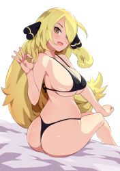 Rule 34 | 1girl, ass, bikini, black bikini, blonde hair, blush, breasts, creatures (company), cynthia (pokemon), from behind, game freak, hair ornament, hair over one eye, handjob gesture, large breasts, long hair, looking at viewer, looking back, nintendo, open mouth, pokemon, pokemon dppt, simple background, sitting, smile, solo, swimsuit, tottotonero, white background