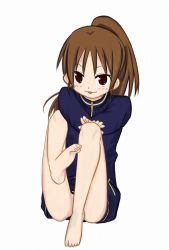 Rule 34 | 1girl, bare legs, barefoot, female focus, full body, jacket, long sleeves, naked jacket, saki (manga), simple background, solo, takakamo shizuno, track jacket, white background