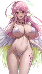 Rule 34 | 1girl, absurdres, ahoge, angel wings, bikini, blush, breasts, cleavage, commission, curvy, halo, highleg, highleg bikini, highres, huge breasts, jasony, jibril (no game no life), looking at viewer, low wings, navel, no game no life, open mouth, pink hair, pixiv commission, simple background, smile, solo, stomach, swimsuit, thick thighs, thighs, white background, white bikini, wide hips, wings, yellow eyes