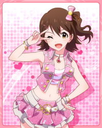 Rule 34 | 10s, 1girl, ;d, armpits, bare shoulders, belt, bracelet, brown eyes, brown hair, choker, female focus, hair ornament, hairclip, hand on own hip, idolmaster, idolmaster million live!, jewelry, kasuga mirai, kawakami tetsuya, looking at viewer, lots of jewelry, navel, official art, one eye closed, one side up, open mouth, pink background, pink theme, skirt, smile, solo, v