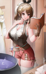 Rule 34 | 1girl, absurdres, atelier (series), atelier ryza, atelier ryza 3, black bow, black bowtie, black choker, book, bow, bowtie, braid, breast pocket, breasts, brown eyes, brown gloves, brown hair, brown vest, bsmage, choker, cleavage, earrings, flower, gloves, hair flower, hair ornament, highres, indoors, jewelry, large breasts, leather belt, open book, pocket, reading, red shorts, reisalin stout, short hair, short shorts, shorts, side braid, sidelocks, single glove, thick thighs, thighhighs, thighs, vest, white headwear, white thighhighs