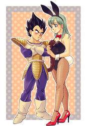 Rule 34 | 1boy, 1girl, animal ears, aqua hair, armor, bare shoulders, black eyes, black hair, blue eyes, blue hair, blush, bodysuit, boots, bow, bowtie, bulma, rabbit ears, rabbit tail, couple, crossed arms, dragon ball, dragonball z, eye contact, fake animal ears, fishnet pantyhose, fishnets, gloves, high heels, holding, kacha (xcachax), legs, leotard, long hair, looking at another, neck, outline, outside border, pantyhose, playboy bunny, playboy bunny, polka dot, polka dot background, red footwear, shoes, shy, smile, standing, strapless, tail, tail grab, time paradox, unmoving pattern, vegeta, white footwear, white gloves, wrist cuffs