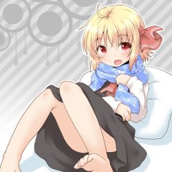 Rule 34 | 1girl, :d, bare legs, barefoot, blonde hair, fang, natsu no koucha, open mouth, pillow, red eyes, rumia, scarf, shirt, short hair, skirt, smile, solo, touhou, vest