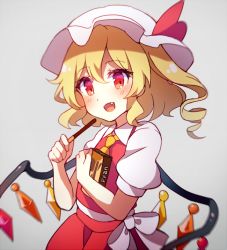 Rule 34 | 1girl, 60mai, :d, ascot, blonde hair, blush, box, commentary request, cowboy shot, crystal, fang, flandre scarlet, food, grey background, hair between eyes, hat, hat ribbon, holding, holding box, holding food, mob cap, one side up, open mouth, pocky, puffy short sleeves, puffy sleeves, red eyes, red ribbon, red skirt, red vest, ribbon, shirt, short hair, short sleeves, simple background, skirt, skirt set, smile, solo, touhou, vest, white hat, white shirt, wings, yellow ascot