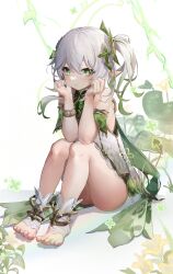 Rule 34 | 1girl, absurdres, armlet, bare shoulders, blush, closed mouth, commentary, detached sleeves, dress, elbows on knees, feet, full body, genshin impact, gradient hair, green dress, green eyes, green hair, green sleeves, grey hair, hair ornament, highres, leaf hair ornament, legs, long hair, looking at viewer, megu (pixiv9460065), multicolored hair, nahida (genshin impact), pointy ears, side ponytail, simple background, sitting, sleeveless, sleeveless dress, smile, solo, stirrup footwear, symbol-shaped pupils, thighs, toeless footwear, toes, two-tone dress, white dress, white footwear