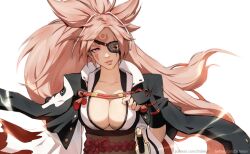 Rule 34 | 1girl, amputee, baiken, big hair, black jacket, black kimono, breasts, cleavage, dide6an, eyepatch, facial tattoo, guilty gear, guilty gear strive, highres, jacket, jacket on shoulders, japanese clothes, kataginu, katana, kimono, large breasts, long hair, looking at viewer, multicolored clothes, multicolored kimono, one-eyed, open clothes, open kimono, parted lips, pink hair, ponytail, red eyes, samurai, scar, scar across eye, solo, sword, tattoo, torn sleeve, weapon, white kimono