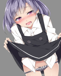 Rule 34 | 1girl, :d, black dress, blush, buttons, clothes lift, collared shirt, commentary request, dress, dress lift, grey background, grey hair, grey panties, highres, kantai collection, lifting own clothes, long sleeves, mtu (orewamuzituda), ooshio (kancolle), ooshio kai ni (kancolle), open mouth, panties, pinafore dress, purple eyes, pussy, shirt, short hair, simple background, sleeveless, sleeveless dress, smile, solo, twintails, underwear, white shirt