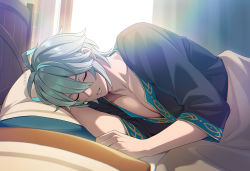 Rule 34 | 1boy, alhaitham (genshin impact), aqua hair, bed, closed eyes, curtains, genshin impact, grey hair, indoors, lying, male focus, meiji (meiji770), multicolored hair, on side, parted lips, pectoral cleavage, pectorals, pillow, pov, short sleeves, sleeping, solo, twitter username, under covers, upper body