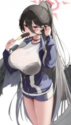 Rule 34 | 1girl, absurdres, black bra, black choker, black hair, blue archive, blue jacket, blue shorts, bra, bra visible through clothes, choker, commentary, food, hair between eyes, halo, hasumi (blue archive), hasumi (track) (blue archive), highres, jacket, long hair, long sleeves, looking at viewer, low wings, mole, mole under eye, open mouth, partially unzipped, ponytail, red eyes, shirt, short shorts, shorts, simple background, sogogy, underwear, white background, white shirt, wings