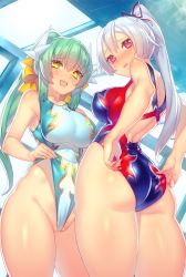 Rule 34 | 2girls, aqua one-piece swimsuit, ass, back, bare shoulders, blue one-piece swimsuit, blush, bow, breasts, collarbone, commission, competition swimsuit, dragon horns, fate/grand order, fate (series), green hair, hair between eyes, hair bow, hair ribbon, highleg, highleg swimsuit, highres, horns, kanjy00u, kiyohime (fate), large breasts, long hair, looking at viewer, looking back, multiple girls, multiple horns, one-piece swimsuit, open mouth, ponytail, red eyes, red one-piece swimsuit, red ribbon, ribbon, sidelocks, silver hair, skeb commission, smile, swimsuit, tomoe gozen (fate), two-tone swimsuit, yellow bow, yellow eyes
