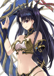 Rule 34 | 1girl, arm up, asymmetrical sleeves, bare shoulders, black hair, black ribbon, black sleeves, blush, breasts, commentary request, crop top, fate/grand order, fate (series), fingernails, hair between eyes, hair ribbon, highleg, ishtar (fate), long hair, looking at viewer, navel, parted bangs, parted lips, red eyes, ribbon, single sleeve, small breasts, smile, solo, tiara, two side up, uneven sleeves, very long hair, yahako