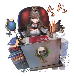 Rule 34 | 1girl, absurdres, advarcher, ahoge, binder, brown capelet, brown cloak, brown corset, brown eyes, brown hair, cape, capelet, cleavage cutout, cloak, clothing cutout, coffee mug, corset, cup, feather hair ornament, feathers, folder, friend (nanashi mumei), gavel, globe, gloves, hair ornament, hairclip, heart, highres, hololive, hololive english, lectern, long hair, microphone, microphone stand, mug, multicolored hair, nanashi mumei, nanashi mumei&#039;s horror painting, objectification, paper, paper stack, ponytail, retro artstyle, ribbon, scales, shirt, single glove, smile, streaked hair, very long hair, virtual youtuber, white shirt