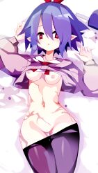 Rule 34 | 1girl, absurdres, blue hair, breasts, cleft of venus, disgaea, hair over one eye, hairband, highres, lying, nanozenzen, nipples, on back, on bed, pleinair, pointy ears, pussy, red eyes, short hair, small breasts, solo, uncensored, very short hair