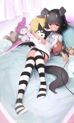 Rule 34 | 1girl, absurdres, animal ears, black hair, choker, cinnamoroll, fake animal ears, highres, holding, holding stuffed toy, kuromi, long hair, my melody, on bed, onegai my melody, original, pompompurin, preamy kyuushi, rabbit ears, red eyes, sanrio, shirt, solo, striped clothes, striped thighhighs, stuffed animal, stuffed toy, t-shirt, tail, thighhighs