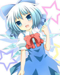 Rule 34 | 1girl, blue eyes, blue hair, bow, cirno, dress, female focus, hair bow, looking at viewer, matching hair/eyes, open mouth, outline, puffy short sleeves, puffy sleeves, ribbon, shadow, shinhoya, short hair, short sleeves, simple background, solo, star (symbol), touhou, white background, wings