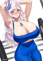 Rule 34 | 1girl, absurdres, aqua eyes, areola slip, armpits, blush, braid, breasts, cleavage, earrings, french braid, grey hair, grin, hair ornament, highres, hololive, hololive indonesia, huge breasts, jewelry, long hair, looking at viewer, necklace, neige (pixiv6850453), pants, pavolia reine, ponytail, presenting armpit, smile, solo, steam, sweat, virtual youtuber, yoga pants