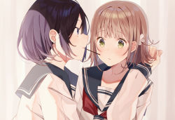 Rule 34 | 2girls, absurdres, black sailor collar, blush, brown hair, collarbone, commentary request, earrings, eye contact, food, food in mouth, green eyes, grey eyes, highres, jewelry, long hair, long sleeves, looking at another, minasenagi, mouth hold, multiple girls, original, parted lips, pocky, pocky kiss, purple hair, red neckwear, sailor collar, school uniform, serafuku, shared food, shirt, sleeves past wrists, stud earrings, upper body, white shirt, yuri