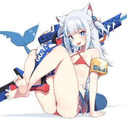 Rule 34 | 1girl, :d, absurdres, animal ear fluff, animal ears, ass, bad id, bad twitter id, bare shoulders, barefoot, bikini, blue eyes, blush, breasts, cat ears, cloba, collarbone, criss-cross halter, fang, feet, fins, fish tail, gawr gura, gun, hair ornament, halterneck, highres, holding, holding gun, holding weapon, hololive, hololive english, long hair, looking at viewer, multicolored hair, one side up, open mouth, red bikini, ribbon, shark girl, shark hair ornament, shark tail, sharp teeth, sidelocks, simple background, sitting, skirt, small breasts, smile, solo, streaked hair, string bikini, swimsuit, tail, teeth, thighs, toes, two side up, virtual youtuber, weapon, white background, white hair