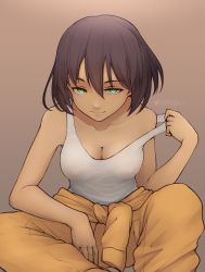 Rule 34 | 1girl, absurdres, blush, breasts, brown hair, cleavage, closed mouth, collarbone, covered erect nipples, girls und panzer, green eyes, highres, hoshino (girls und panzer), jumpsuit, large breasts, looking at viewer, m1saki 1, short hair, sitting, solo, tank top, white tank top