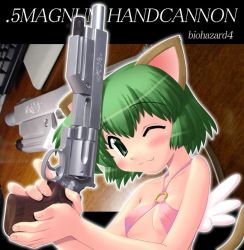 Rule 34 | 1girl, :3, animal ears, bare shoulders, blush, breasts, cat ears, cat tail, cleavage, covered erect nipples, fang, flat chest, green eyes, green hair, gun, handgun, hase yu, laser pointer, laser sight, magnum, matching hair/eyes, nyano, one eye closed, original, pistol, resident evil, resident evil 4, revolver, s&amp;w model 500, short hair, small breasts, smith &amp; wesson, solo, tail, underboob, underlug, weapon, wings, wink
