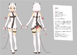 Rule 34 | + +, 1girl, ahoge, ass, bare shoulders, black eyes, boots, character profile, collar, demon tail, description, elbow gloves, gloves, grey background, heterochromia, horns, kiko (clovia studio), leash, multiple views, nail polish, original, panties, red eyes, red panties, reika (clovia studio), short hair, simple background, smile, tail, thigh boots, thighhighs, translation request, turnaround, underwear, white hair, white thighhighs