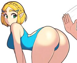 Rule 34 | 1girl, ass, bent over, bikini, blonde hair, blue one-piece swimsuit, braid, commentary, elf, green eyes, hair ornament, hairclip, highres, jeff miga, legs, looking at another, looking back, nintendo, one-piece swimsuit, pointy ears, princess zelda, spanked, swimsuit, the legend of zelda, the legend of zelda: tears of the kingdom