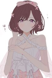 Rule 34 | 1girl, arm across chest, bare shoulders, blush, breasts, brown hair, cleavage, clothing cutout, collarbone, dress, dress flower, floral print, flower, hair between eyes, hair flower, hair ornament, halterneck, hand in own hair, hand on own arm, highres, higuchi madoka, idolmaster, idolmaster shiny colors, looking at viewer, medium breasts, mole, mole under eye, nanox03, parted lips, patterned clothing, pink dress, pink eyes, see-through, see-through sleeves, short hair, shoulder cutout, solo, translated, upper body, white dress