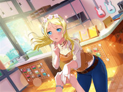 Rule 34 | 1girl, ayase eli, bad id, bad pixiv id, belt, blonde hair, blue eyes, blue pants, blush, bracelet, brown belt, collarbone, denim, dutch angle, floating hair, flower, guitar, hair flower, hair ornament, holding hands, head wreath, highres, indoors, ink (pixiv25450915), instrument, jewelry, lens flare, long hair, long sleeves, looking at viewer, love live!, love live! school idol project, necklace, open mouth, pants, ribbed sweater, sweater, white flower, white sweater