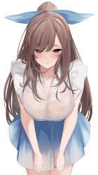 Rule 34 | 1girl, :o, absurdres, blue skirt, blush, bow, bra visible through clothes, breasts, brown hair, cleavage, enri madoka, hair bow, highres, idolmaster, idolmaster shiny colors, large breasts, leaning forward, long hair, looking at viewer, open collar, ponytail, shirt, simple background, skirt, solo, sweatdrop, tsukioka kogane, very long hair, white background, white shirt