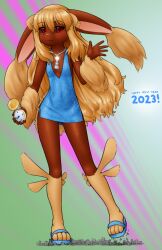 Rule 34 | 1girl, 2023, :3, alloyrabbit, animal feet, animal nose, bead necklace, beads, black sclera, blonde hair, blue dress, blue footwear, blush, body fur, brown fur, chinese zodiac, closed mouth, colored sclera, covered erect nipples, covered navel, creatures (company), dress, female focus, flat chest, full body, furry, furry female, game freak, gen 4 pokemon, giant, giantess, gluteal fold, green background, hair between eyes, hand up, happy, happy new year, highres, holding, holding pocket watch, jewelry, leg up, legs, light blush, long hair, looking at viewer, lopunny, necklace, new year, nintendo, no bra, personification, pocket watch, pokemon, pokemon (creature), rabbit ears, rabbit girl, red eyes, roman numeral, sandals, shiny skin, short dress, side slit, sidelocks, sleeveless, sleeveless dress, smile, solo, standing, standing on one leg, thighs, two-tone fur, very long hair, watch, waving, year of the rabbit, yellow fur