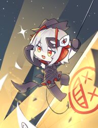 Rule 34 | + +, 10 (xknn5488), 1girl, :d, ambience synesthesia, antennae, arknights, asymmetrical gloves, black footwear, black gloves, black hat, black pantyhose, black shirt, black sky, boots, building, chibi, demon girl, demon horns, demon tail, elbow gloves, fang, gloves, gradient eyes, grey hair, hat, horns, knee boots, multicolored eyes, night, official alternate costume, open mouth, outdoors, pantyhose, rappelling, red eyes, searchlight, shirt, short hair, single elbow glove, skin fang, sky, skyscraper, smile, solo, star (sky), starry sky, tail, w (arknights), w (wanted) (arknights), yellow eyes