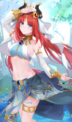 Rule 34 | 1girl, absurdres, arm up, bare shoulders, blurry, blurry background, breasts, brooch, circlet, closed mouth, cowboy shot, crop top, crystalfly (genshin impact), detached sleeves, floating hair, genshin impact, gold trim, harem outfit, highres, horns, jewelry, long hair, long sleeves, looking at viewer, masamune tokunaga, medium breasts, navel, neck ring, nilou (genshin impact), outdoors, parted bangs, skirt, smile, standing, stomach, thighlet, twintails, veil, vision (genshin impact), water