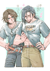 Rule 34 | 2boys, 80850love fu, abs, aqua eyes, asymmetrical bangs, belt, black hair, black pants, blouse, blush, bracelet, brown hair, closed eyes, clothes lift, earrings, father and son, final fantasy, final fantasy viii, hand on own hip, highres, jewelry, khakis, laguna loire, long hair, low ponytail, male focus, medium hair, multiple belts, multiple boys, muscular, muscular male, navel, necklace, open mouth, pants, parted bangs, print shirt, ring, scar, scar on face, shirt, shirt lift, single earring, squall leonhart, t-shirt, thigh strap, upper body, white shirt