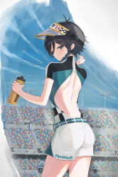 Rule 34 | 1boy, absurdres, alternate costume, artist request, ass, backless outfit, bare back, black hair, blush, braid, from behind, genshin impact, green eyes, highres, long hair, looking at viewer, short shorts, shorts, solo, venti (genshin impact), visor cap